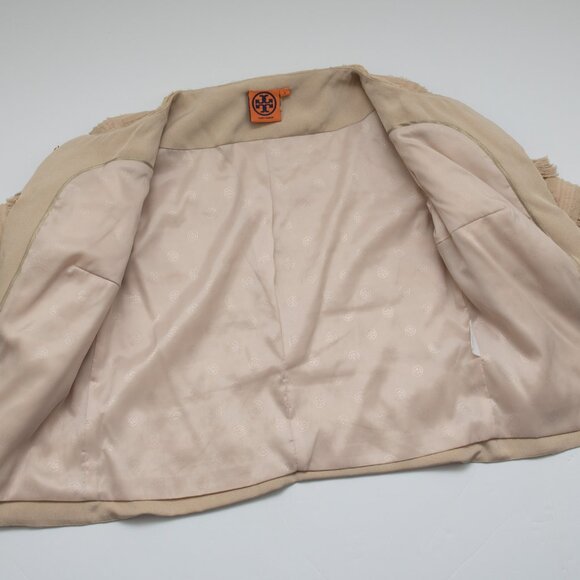 Tory Burch Julian Fringe Jacket Statement Coat Evening Silk Khaki Nude Size 2 - Picture 7 of 8